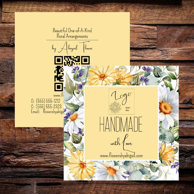 Logo Daisy Flowers Floral Handmade Crafting  Square Business Card (Logo Daisy Flowers Floral Handmade Crafting QR Code Square Business Cards)