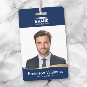Logo dark blue faux golden wave employee name id ID badge