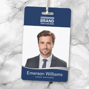 Logo dark blue faux silver wave employee name id badge