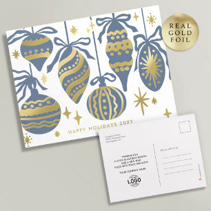 Logo Dusty Blue Decor White Business Gold Foil Holiday Postcard