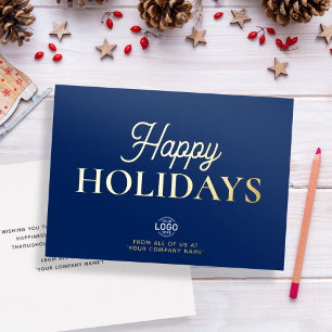 Logo Elegant Navy Blue Business Holiday Card