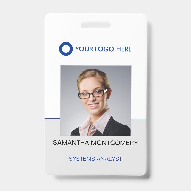Logo Employee Photo Name Bar Code Blue Grey ID Badge (Front)