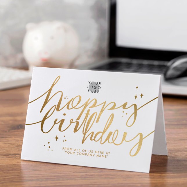 Logo Faux Gold Hand Script Birthday Clean White Card (Creator Uploaded)