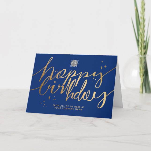 Logo Faux Gold Hand Script Navy Blue Birthday Card (Front)