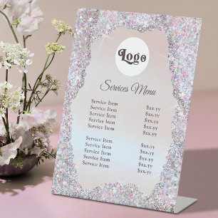 Logo Faux Pink Glitter Foil Services Menu Pedestal Sign