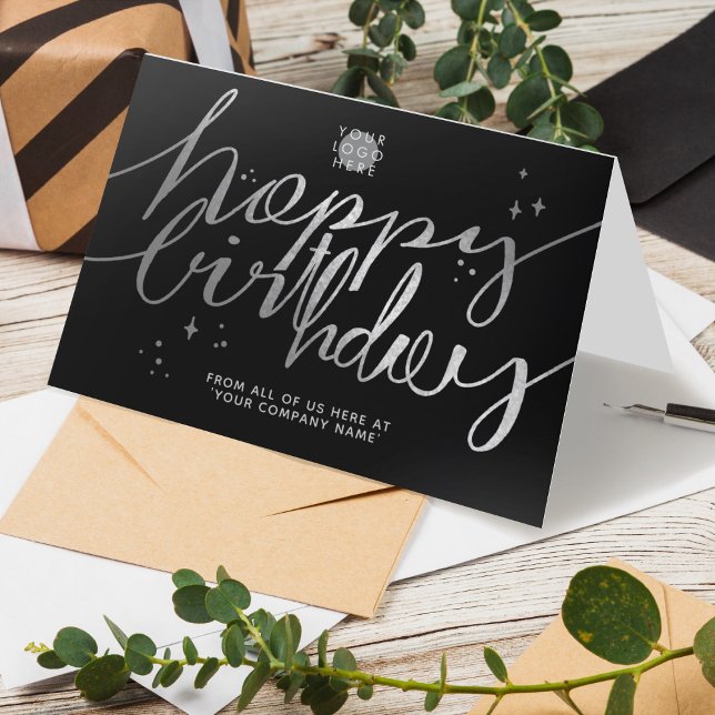 Logo Faux Silver Hand Script Birthday Black Card (Creator Uploaded)