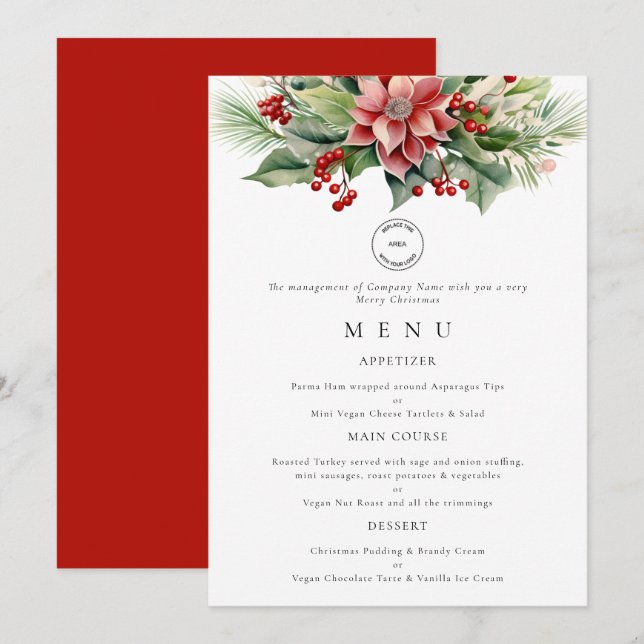 Logo Florals Business Christmas Party Menu Card (Front/Back)