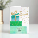Logo Fun Gifts Happy Birthday Green Boxes Business Card<br><div class="desc">Remind clients, employees and business partners that you're thinking of them with our original Custom Logo Watercolor Happy Birthday Card. Featuring an original watercolor painting of three bright pink gift boxes with faux gold elements and confetti sprinkling out of the top box, with hand lettering Happy Birthday text. Please note...</div>