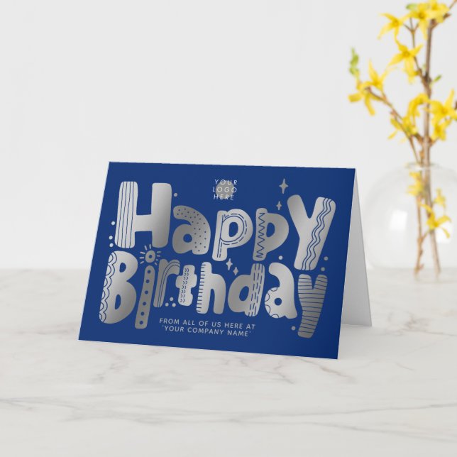 Logo Fun Silver Handwritten Navy Blue Birthday Card (Yellow Flower)