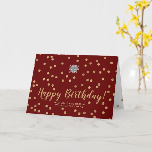 Logo Glitter Gold Confetti Burgundy Happy Birthday Card (Yellow Flower)