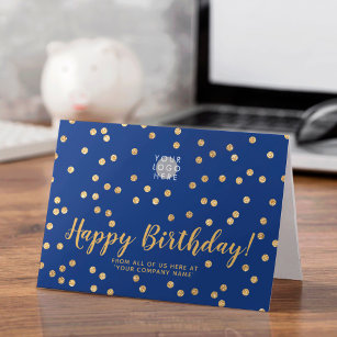 Logo Glitter Gold Confetti Navy Blue Birthday Card