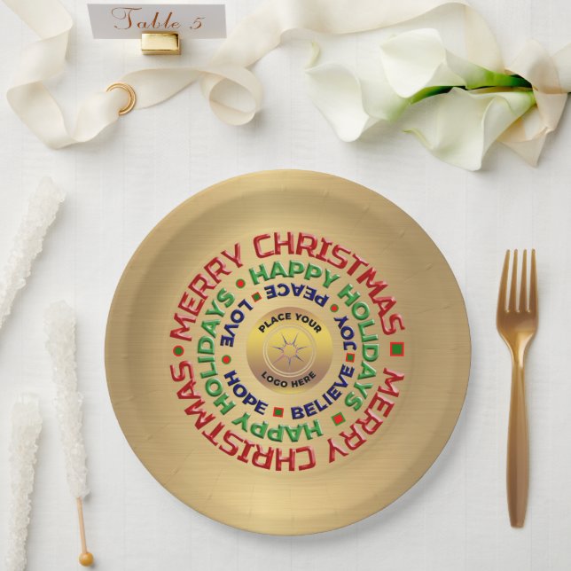 Logo Gold  Business Merry Christmas Holiday Custom Paper Plate (Wedding)