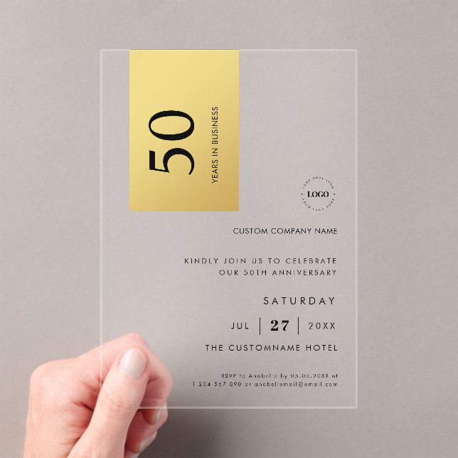 Logo Gold Colour Block Business Anniversary Party Acrylic Invitations (Insitu (Handheld))