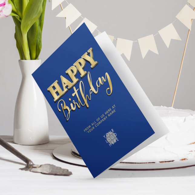 Logo Gold Lettering Business Birthday Navy Blue Card (Creator Uploaded)