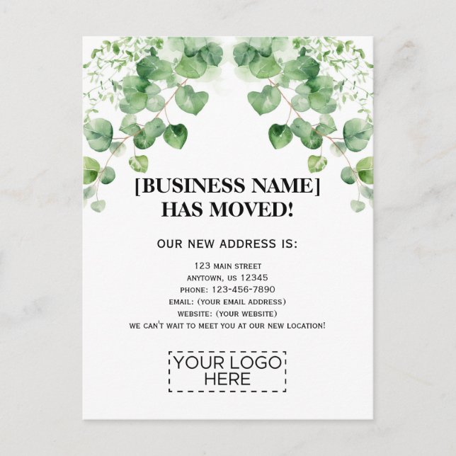 Logo Greenery Business Moving Announcement Postcard (Front)