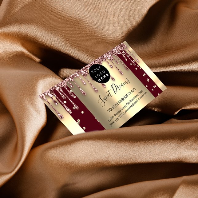 Logo Hair Makeup Nails Drips SPA QR Code Burgundy Business Card (Creator Uploaded)