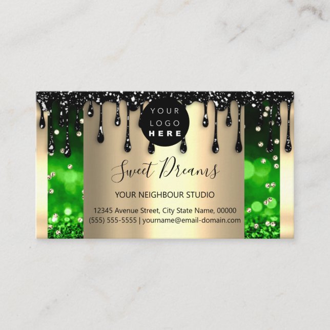 Logo Hair Makeup Nails Drips SPA QRCode Green Gold Business Card (Front)