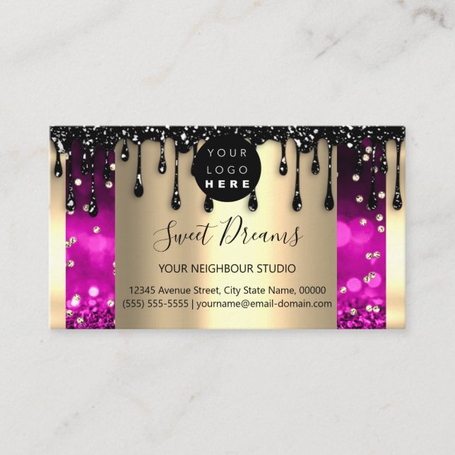 Logo Hair Makeup Nails Drips SPA QRCode Pink Gold Business Card (Front)