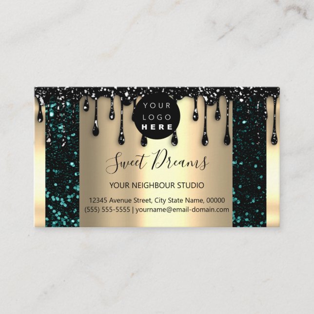 Logo Hair Makeup Nails Drips SPA QRCode Teal Gold Business Card (Front)