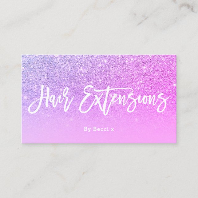Logo hair typography purple pink glitter business card (Front)