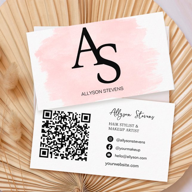 Logo initials pink brush hair makeup qr code business card (Creator Uploaded)