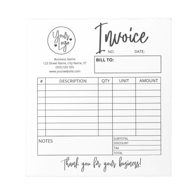 Logo Invoice Custom Small Business Notepad (Front)