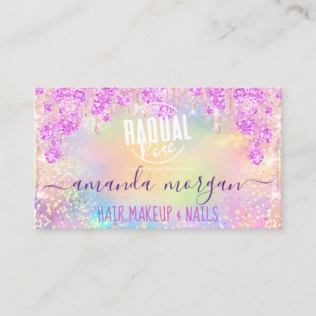 Logo Lash Hair Makeup Nails Glitter Drip Gold Pink Business Card (Front)