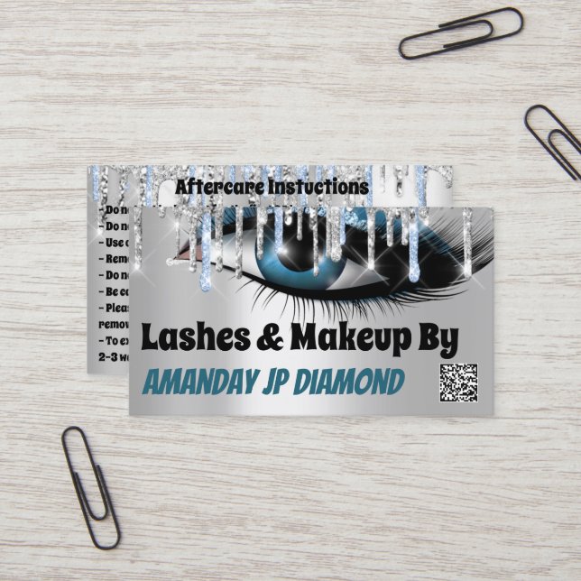 Logo Lashes Micorblade Aftercare Blue Drip QR Code Business Card (Front/Back In Situ)