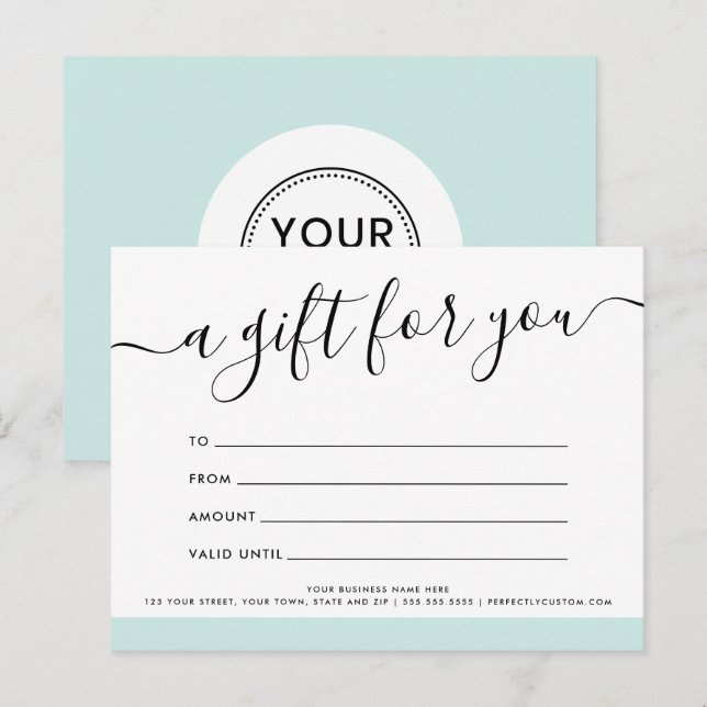 Logo light aqua blue gift voucher certificate card (Front/Back)