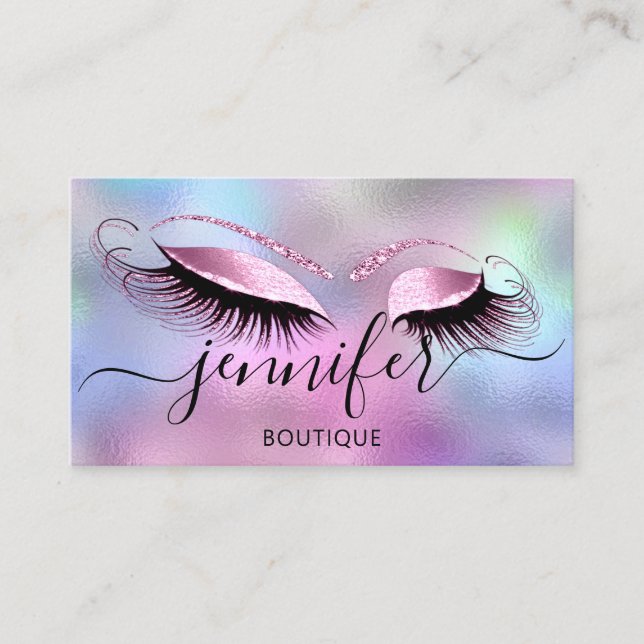 Logo Makeup Boutique Lash Studio Pink Holograph Business Card (Front)