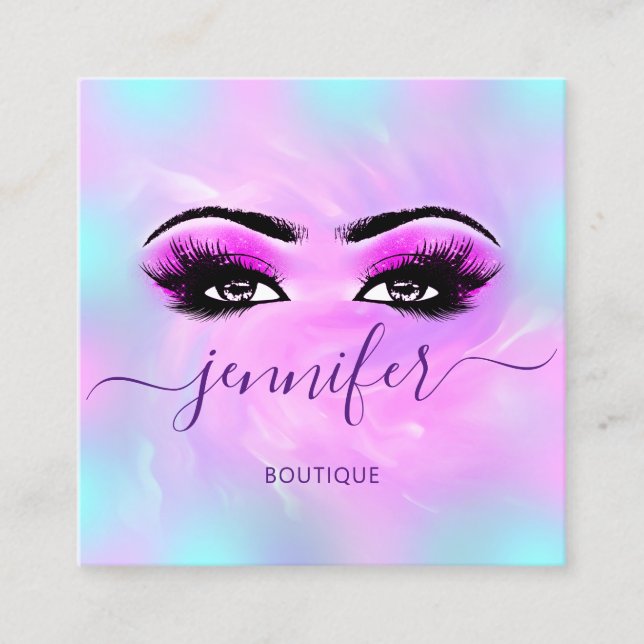 Logo Makeup Boutique Lashes Eyes Holograph Pink Square Business Card (Front)