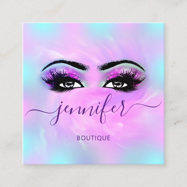 Logo Makeup Boutique Lashes Eyes Holographic Square Business Card (Front)