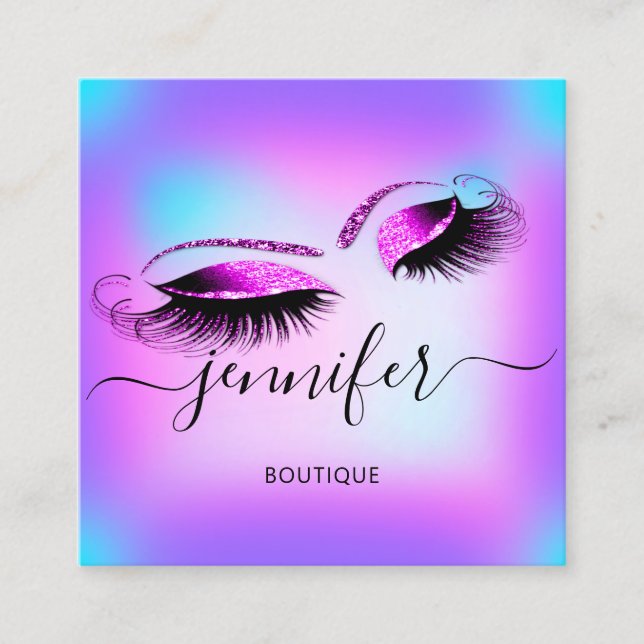 Logo Makeup Boutique Lashes Studio Hot Holograph Square Business Card (Front)