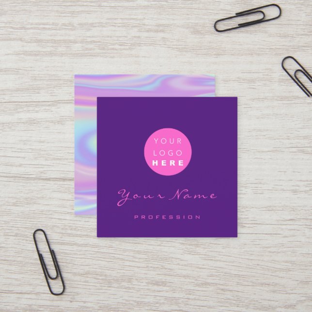 Logo Makeup Hair Nail Floral Holograph Purple Square Business Card (Front/Back In Situ)
