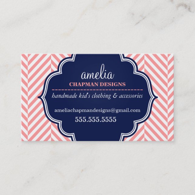 LOGO modern herringbone pattern coral badge navy Business Card (Front)