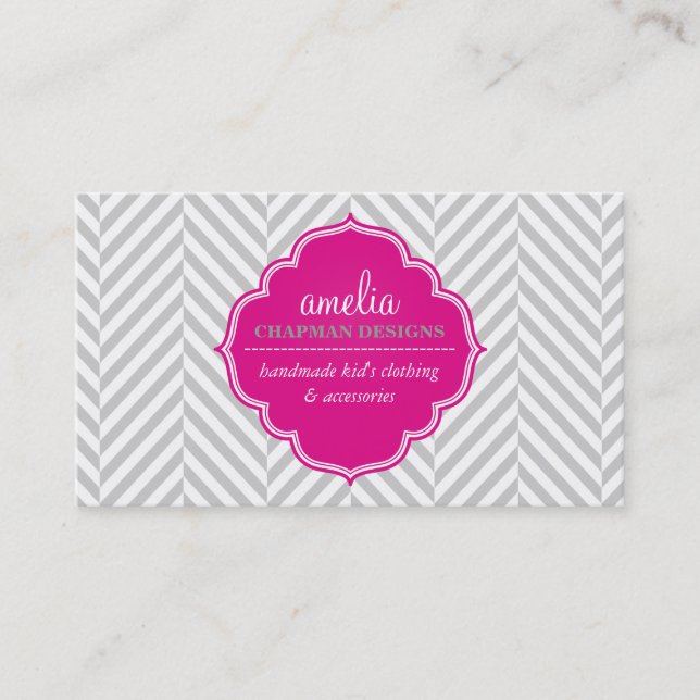 LOGO modern herringbone pattern pink badge grey Business Card (Front)
