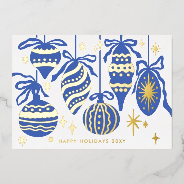 Logo Modern Navy Blue Decor White Business Gold Foil Holiday Card (Front)
