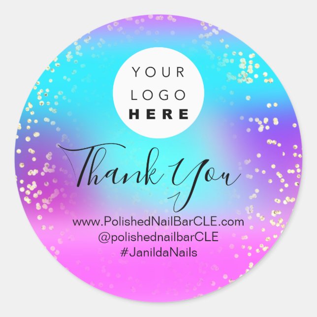 Logo Name Thank Gold Confetti Ocean Holograph Classic Round Sticker (Front)