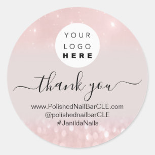 Logo Name Thank You Business Blush Rose Glitter Classic Round Sticker