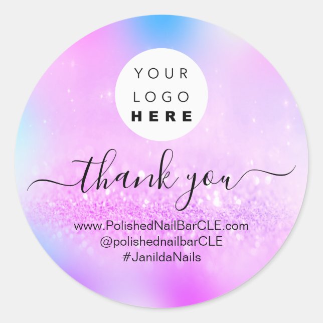 Logo Name Thank You Pink  Glitter Classic Round Sticker (Front)