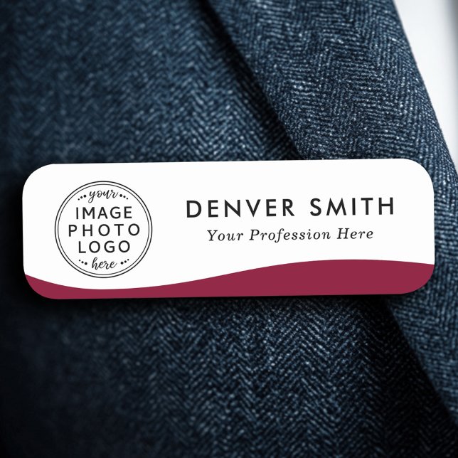 Logo name title burgundy wave white modern tag (Logo name title burgundy wave white modern name tag)