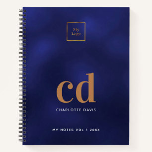 Logo navy blue gold monogram initial business notebook