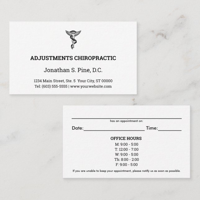 Logo & Office Hours Chiropractic Appointment Cards (Front/Back)