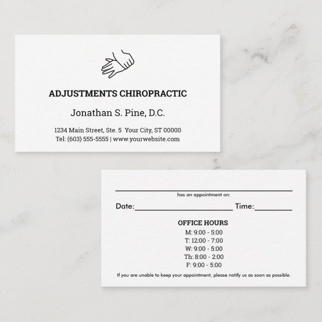 Logo & Office Hours Chiropractic Appointment Cards (Front/Back)