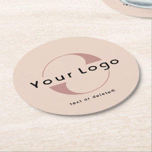 Logo on Blush Beige + Black Text Company Business  Round Paper Coaster