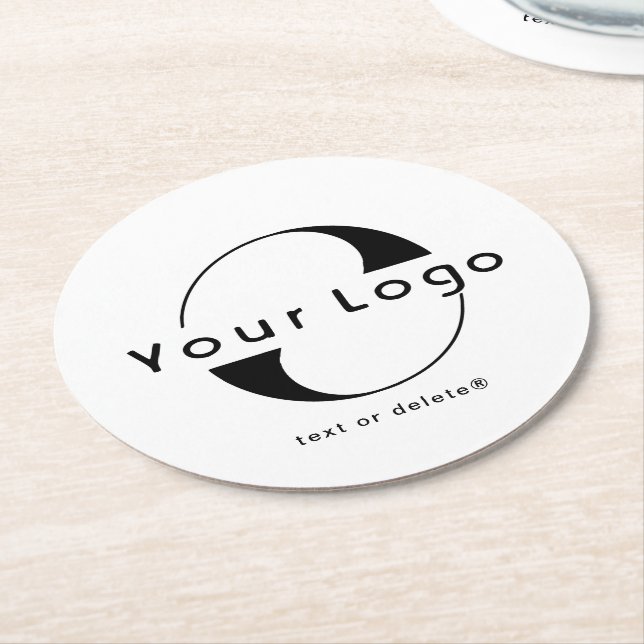 Logo on Clean + Black Text Company Business Round  Paper Coaster (Angled)