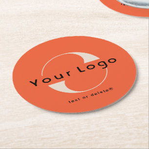 Logo on Orange Red + Black Text Company Business Round Paper Coaster