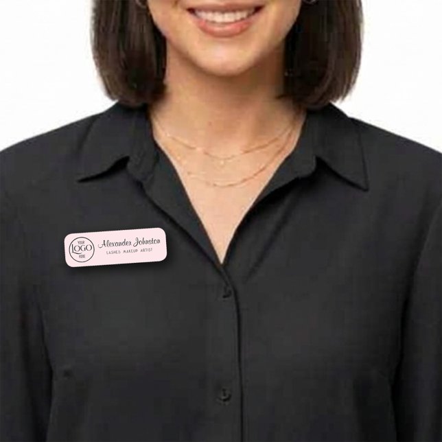 Logo on Pink Black Script Lash Makeup Artist Name Tag (Logo on Pink Black Script Lash Makeup Artist Name Tag)