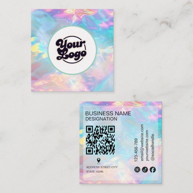 Logo Opal stone holographic monogram Qr Code Square Business Card (Front/Back)