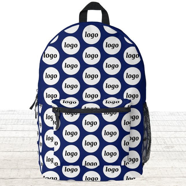 Logo Pattern Promotional Business Navy Blue Printed Backpack (Logo branding pattern business promotional backpack in navy blue)